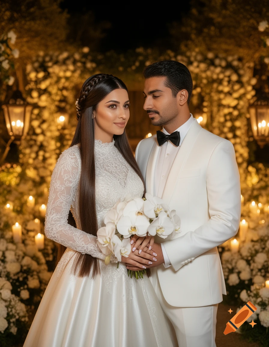 Elegant Middle Eastern wedding couple in white attire poses with a white orchid bouquet in a warm, candlelit garden.