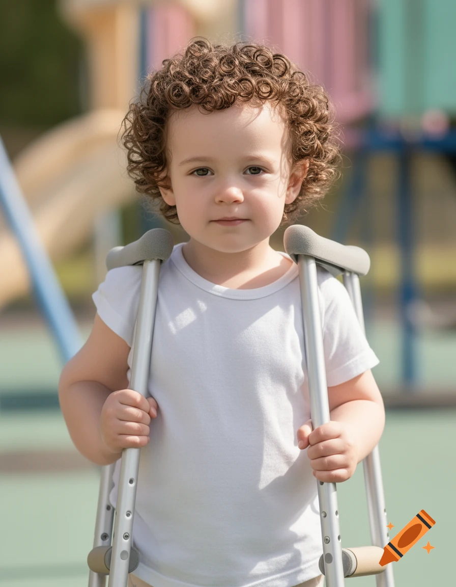 A young child with curly brown hair, wearing a white t-shirt, stands outdoors holding crutches.