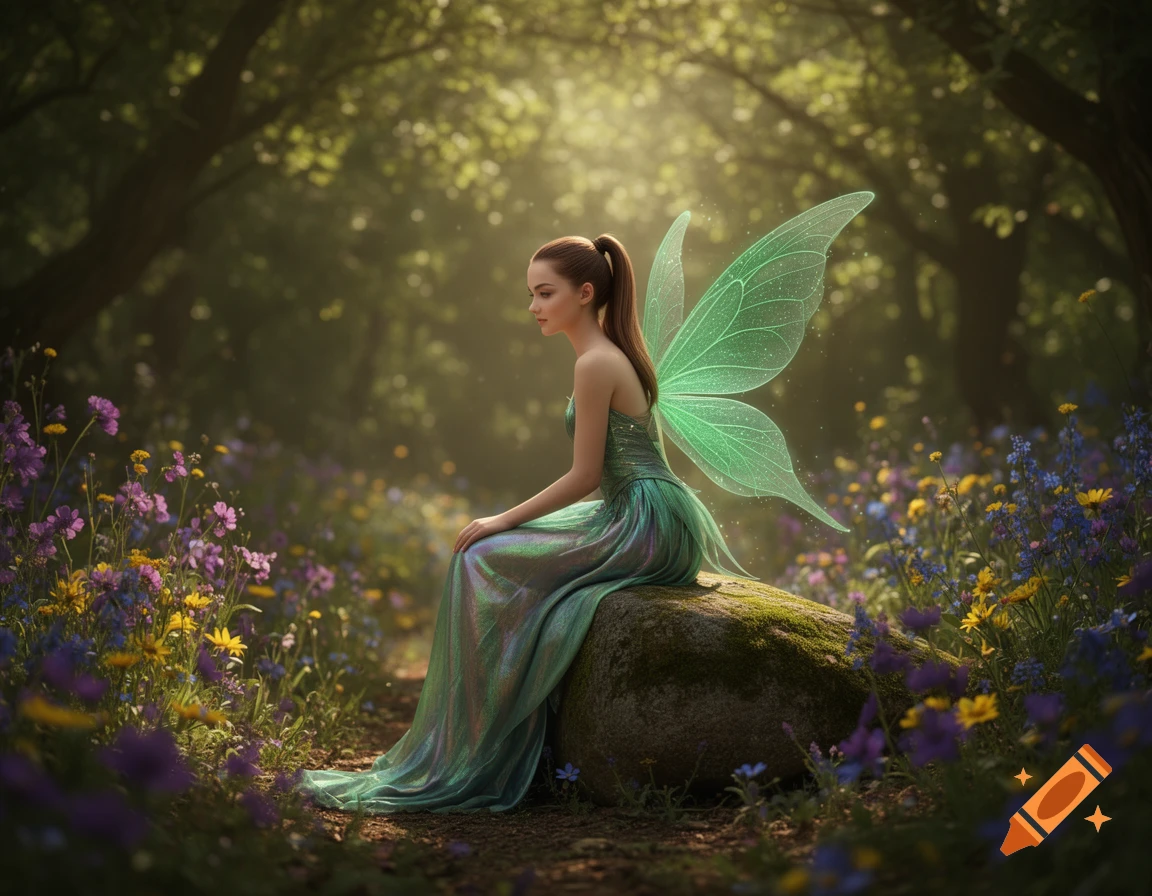 A fairy with brown hair and green wings in an iridescent green dress sits on a mossy rock in a sun-dappled forest with wildflowers.
