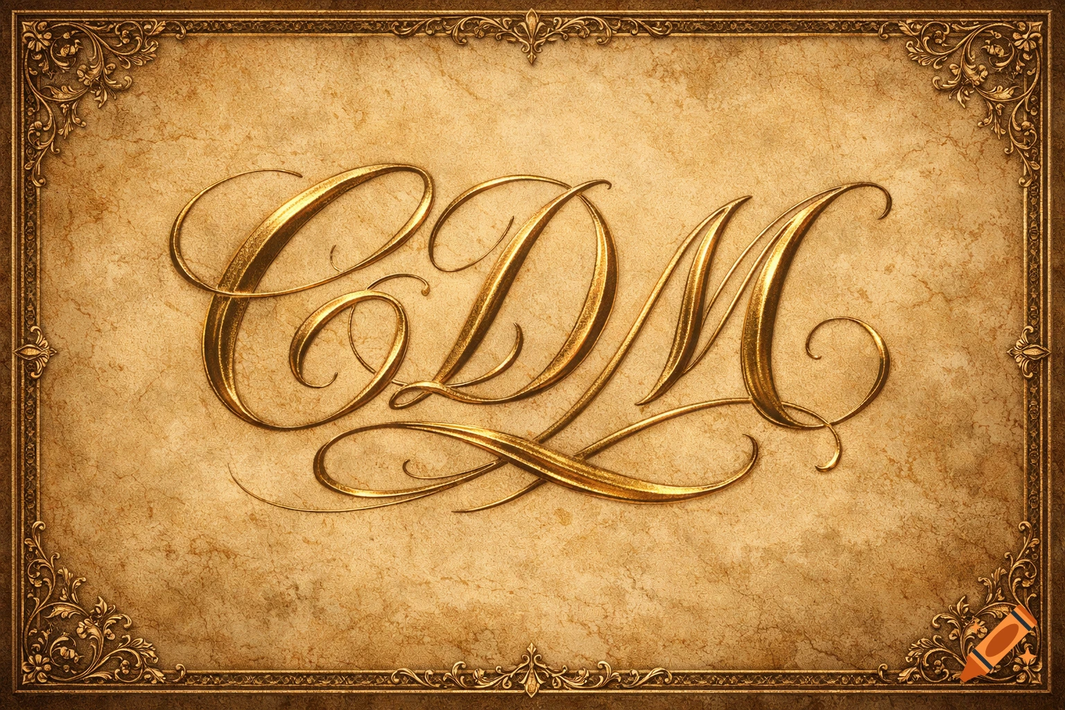 Golden cursive letters "CDM" on an ornate, textured parchment background with a decorative gilded frame.