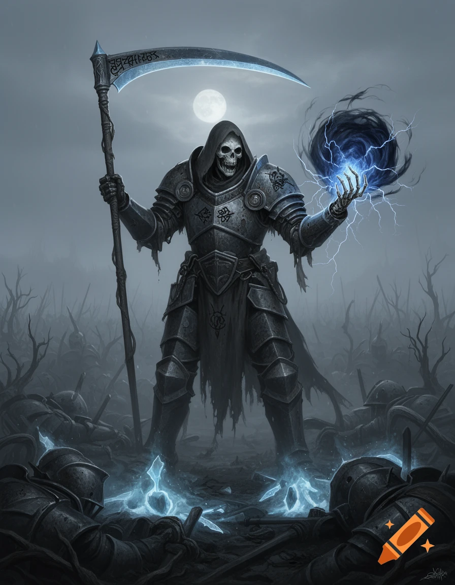 A skeletal Death Knight in dark armor wields a scythe and conjures dark magic, standing over a battlefield with fallen warriors under a full moon in a grim, misty landscape.