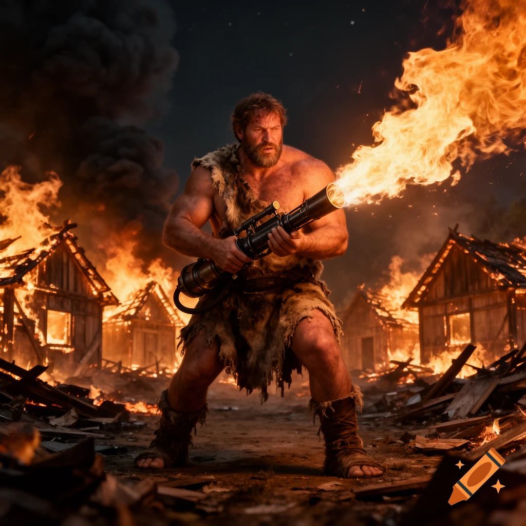 A muscular, bearded man in fur clothing wields a flamethrower, standing in a burning, destroyed village under a smoky night sky.