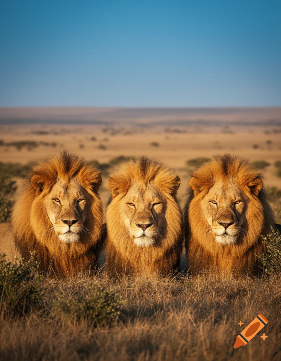 Three majestic lions with golden manes sit regally in tall dry grass under a clear blue sky in a savanna.