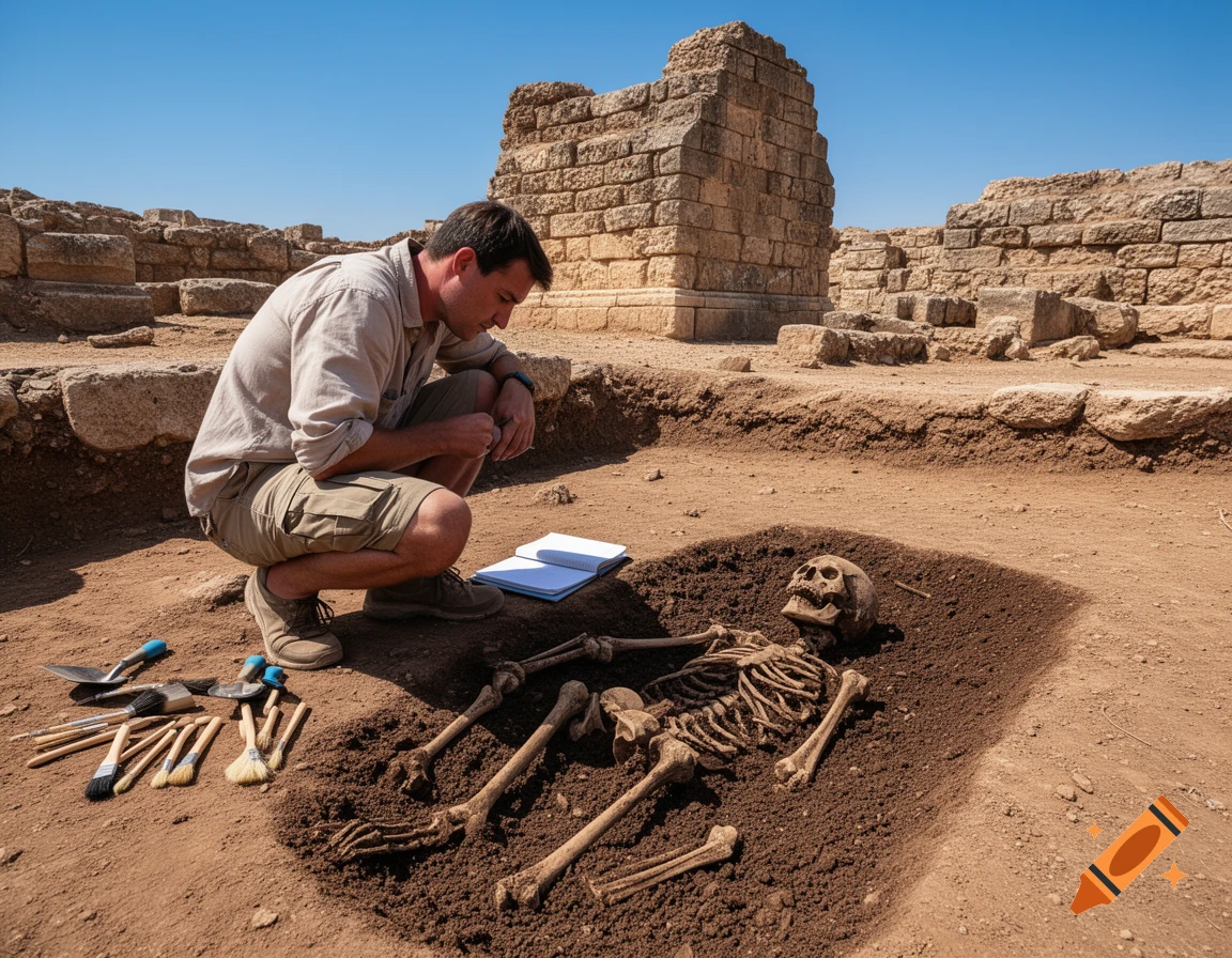 An archeologist examines a human skeleton in an open grave at an excavation site with stone ruins in the background.