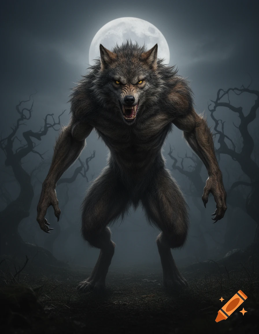 A snarling werewolf with glowing yellow eyes stands menacingly in a dark, misty forest under a full moon.