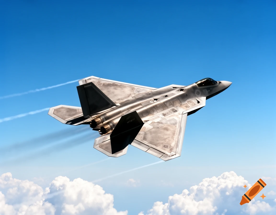 A gray F-22 Raptor fighter jet with its afterburners glowing, flying through a clear blue sky with white clouds below.