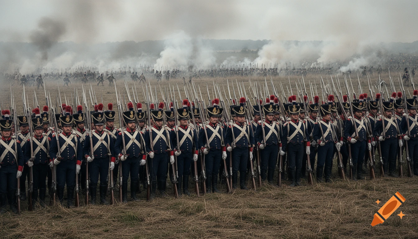French line infantry soldiers in dark blue uniforms and shakos stand in formation with bayonetted rifles on a smoky battlefield.