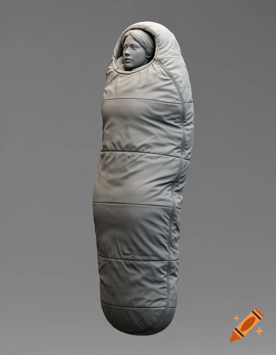 A grey-scale 3D render of a woman with her head exposed, nestled in a sleeping bag against a plain grey background.