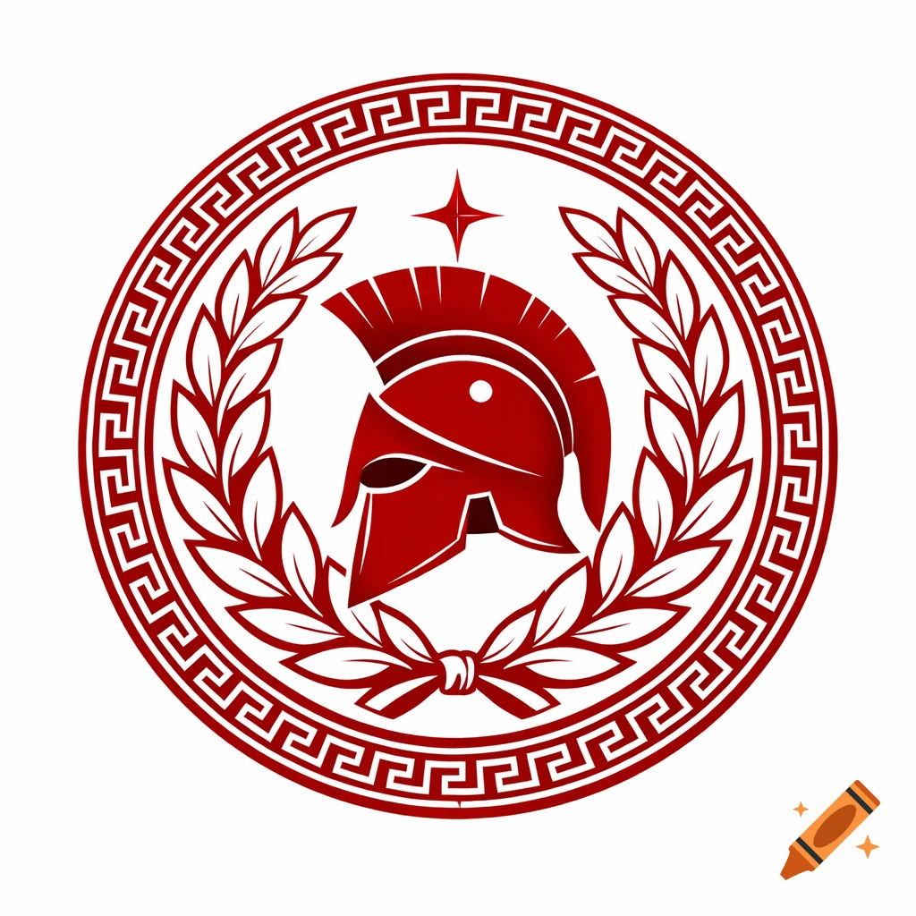 A red and white emblem featuring a Spartan helmet, a laurel wreath, a circular Greek key pattern border, and a small star at the top.