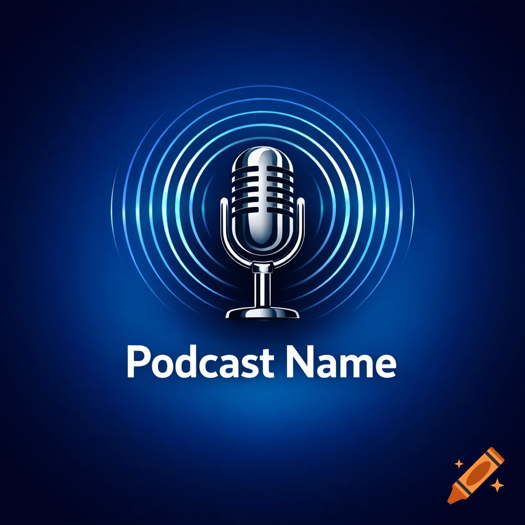 A metallic silver studio microphone centered on a deep blue background with radiating blue sound waves, above the text "Podcast Name".
