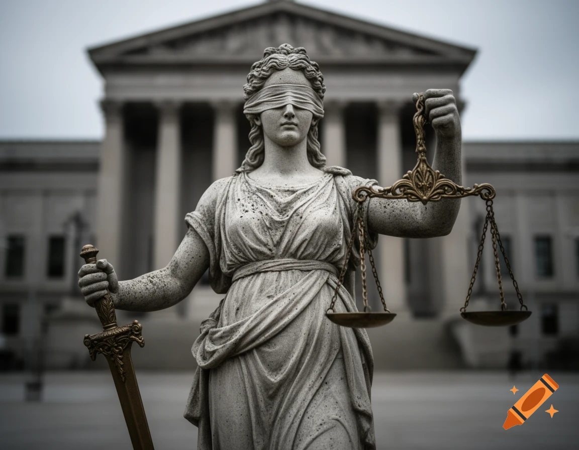 A blindfolded statue of Lady Justice holding a sword and scales, with a classical building in the background.