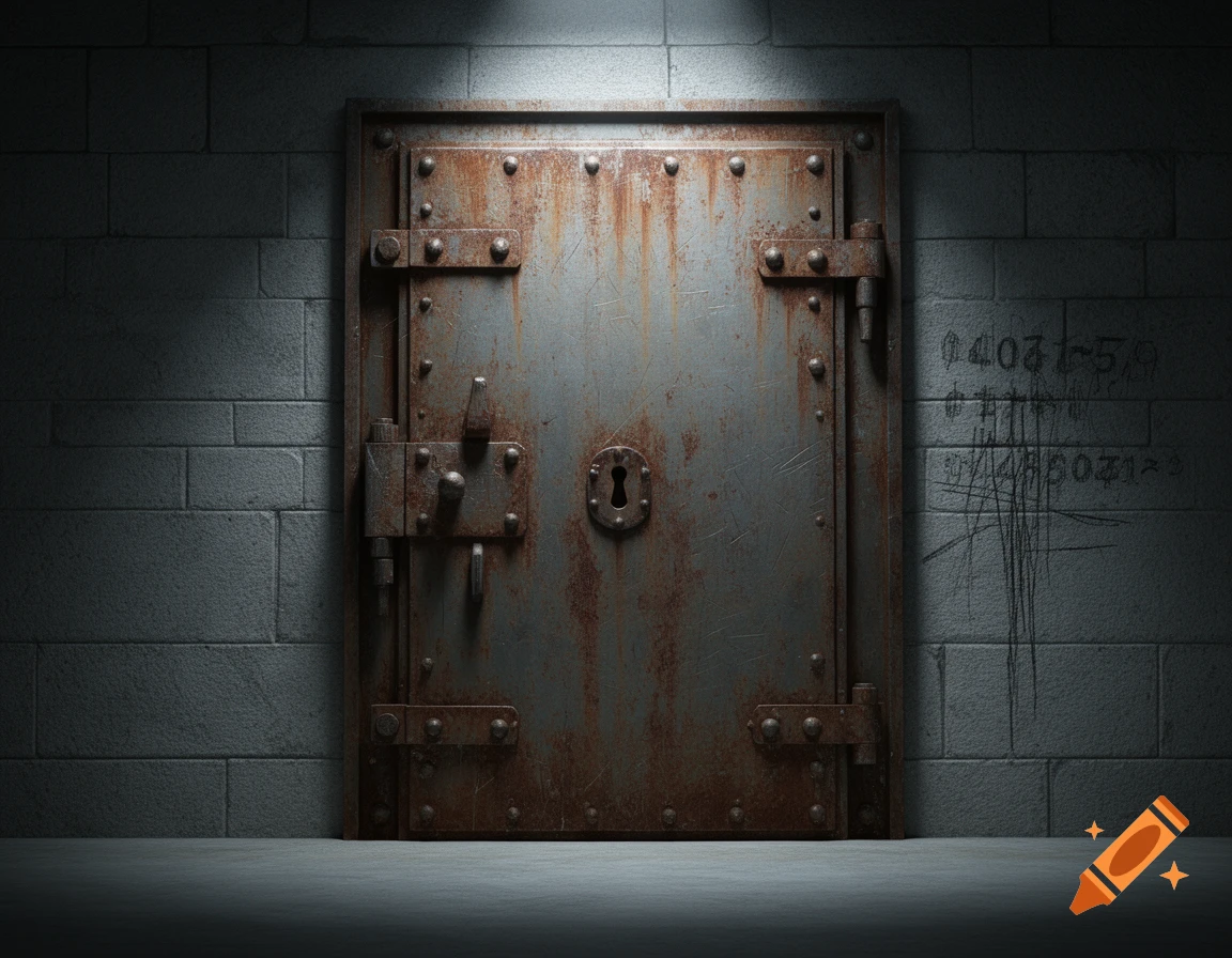 A photorealistic image of a rusty, heavily bolted metal prison door in a dark concrete cell, lit by a single overhead light, with scribbles on the wall.