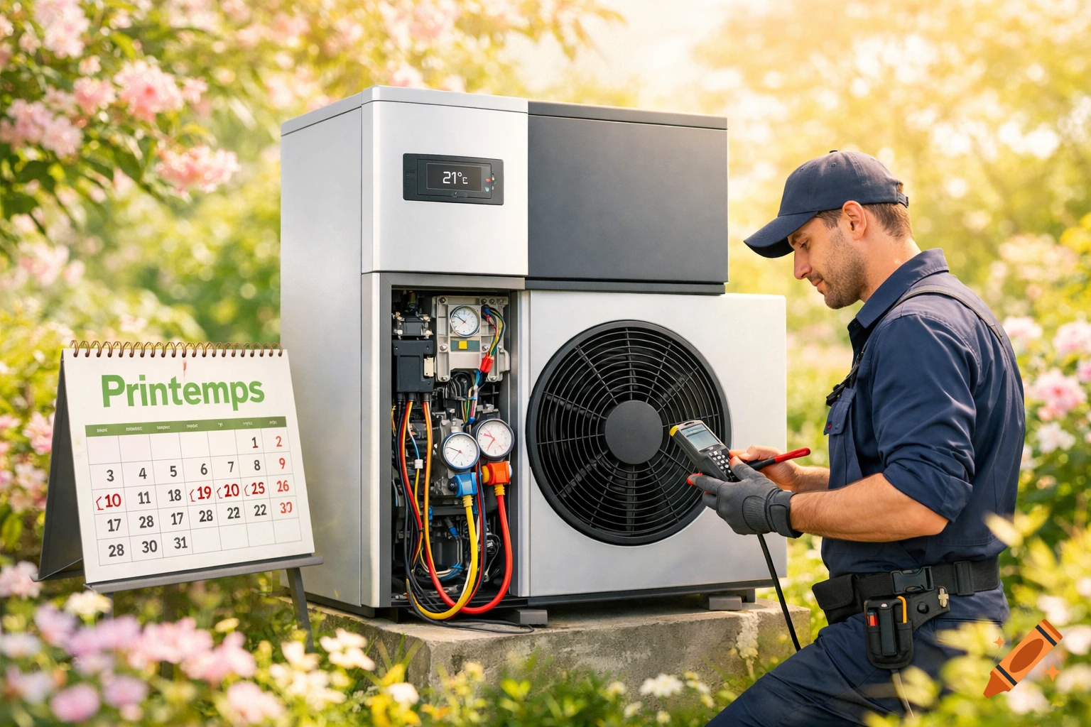 Technician in blue uniform servicing an outdoor heat pump in a sunny spring garden with flowers and a 'Printemps' calendar.