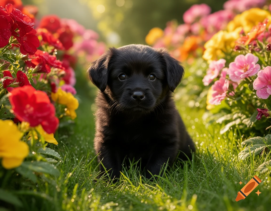 A cute black puppy with shiny fur sits in lush green grass, surrounded by vibrant red, pink, and yellow flowers in a sunny garden.