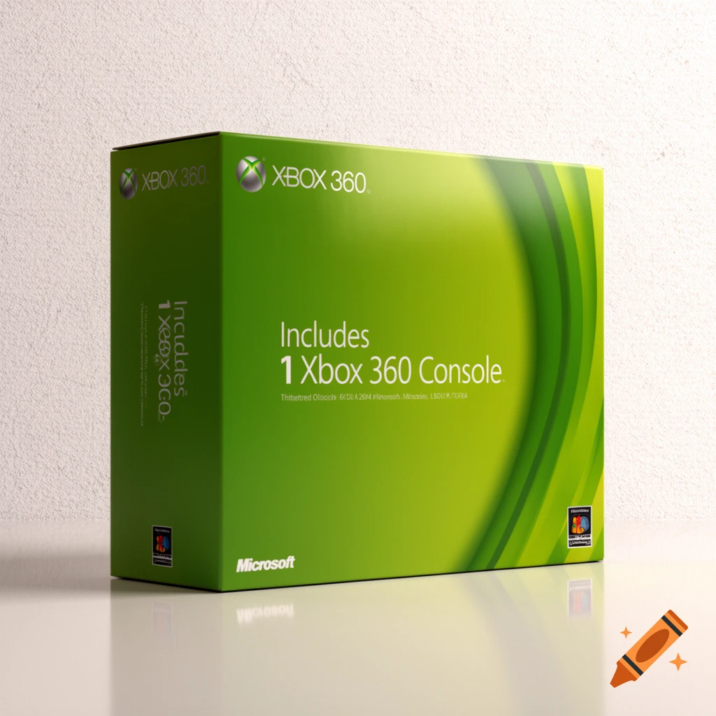 A photorealistic image of a green Xbox 360 console box with logos and product information.