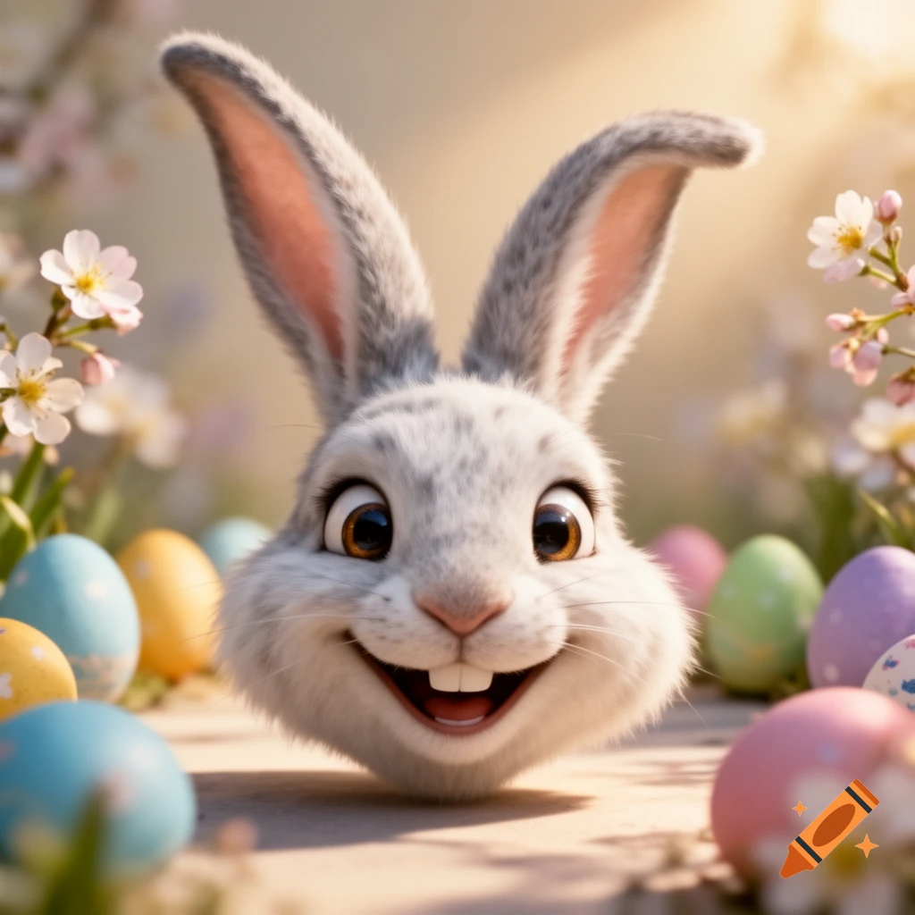 A happy, fluffy cartoon Easter bunny head peeking out among colorful Easter eggs and delicate flowers.