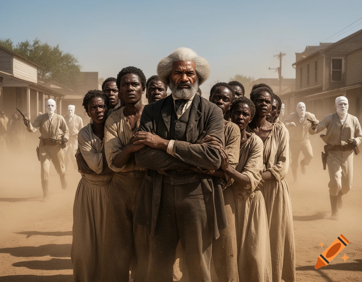 A photorealistic image of Frederick Douglass leading a group of Africans, being forced by white Americans with guns in a dusty street.