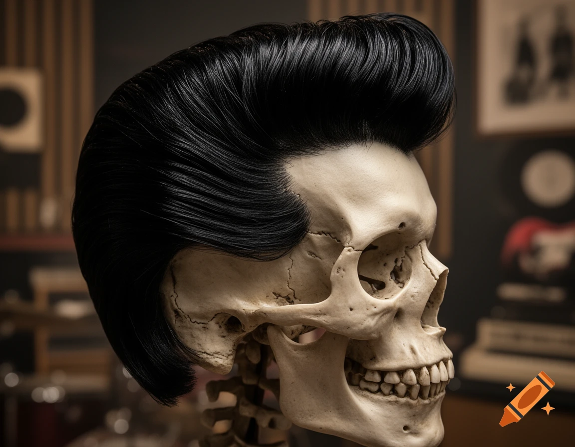 Photorealistic side profile of a human skull wearing a black Elvis pompadour hairstyle, against a blurred background.