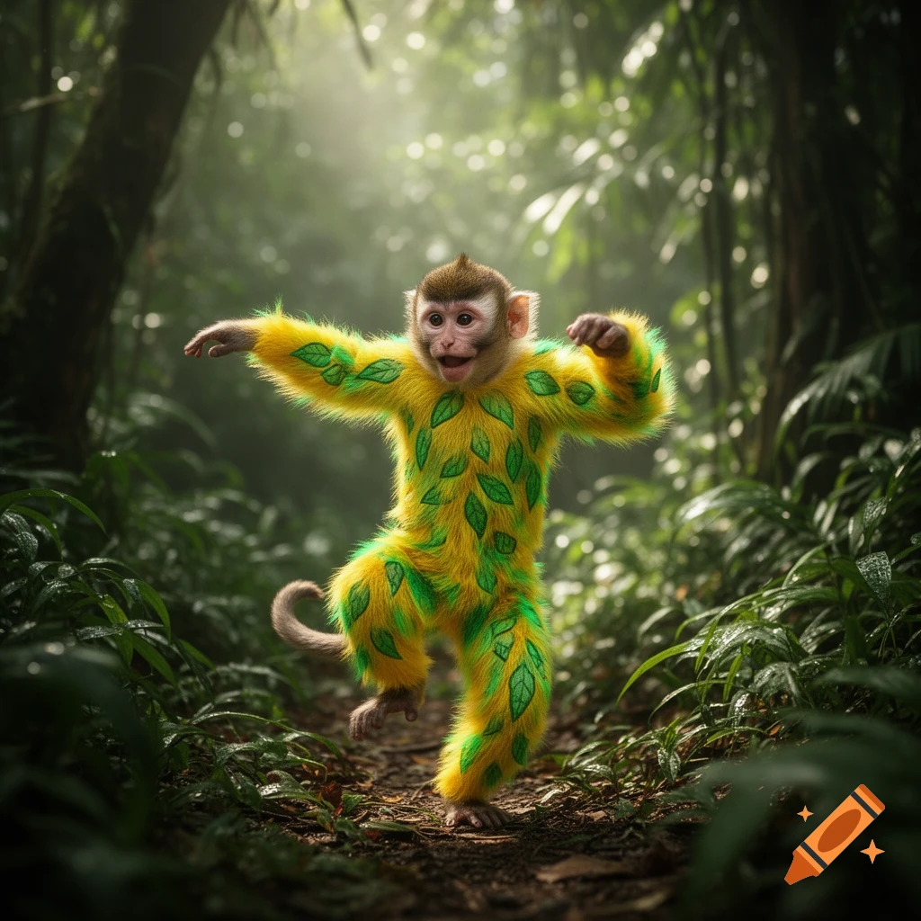 A small monkey in a vibrant yellow and green leafy costume dances on a jungle path, looking cheerful.