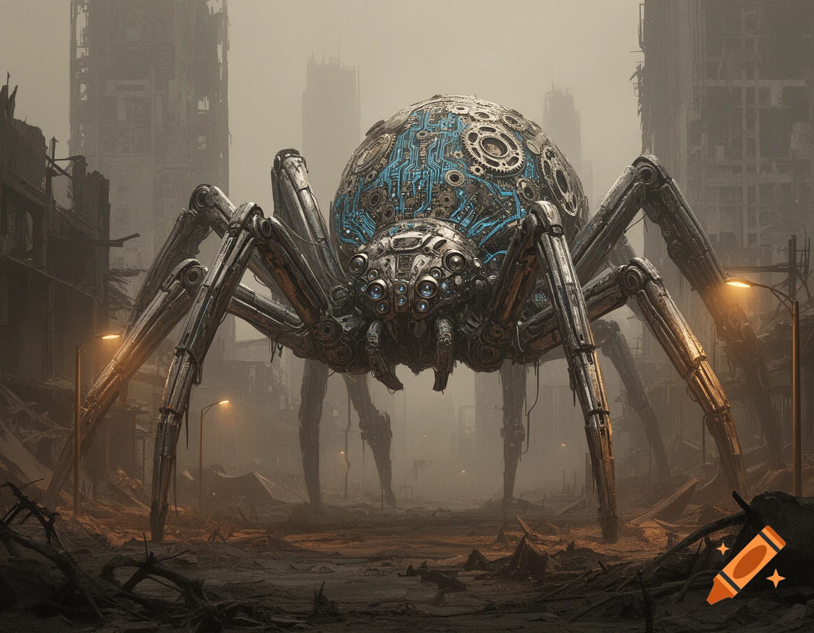 A colossal mechanical spider with intricate blue circuitry stands in a desolate, ruined city at dusk, with streetlights glowing.