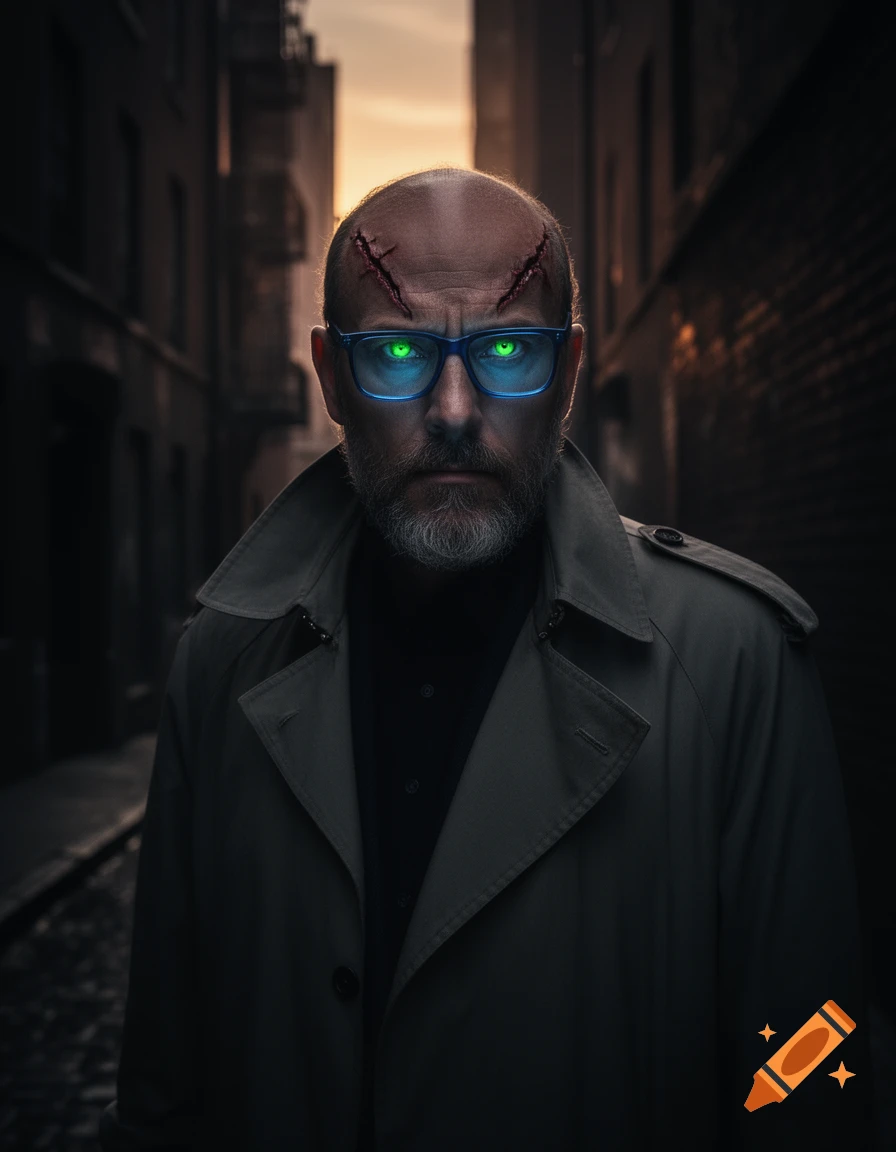 A bald, bearded man with glowing green eyes behind blue glasses and ...