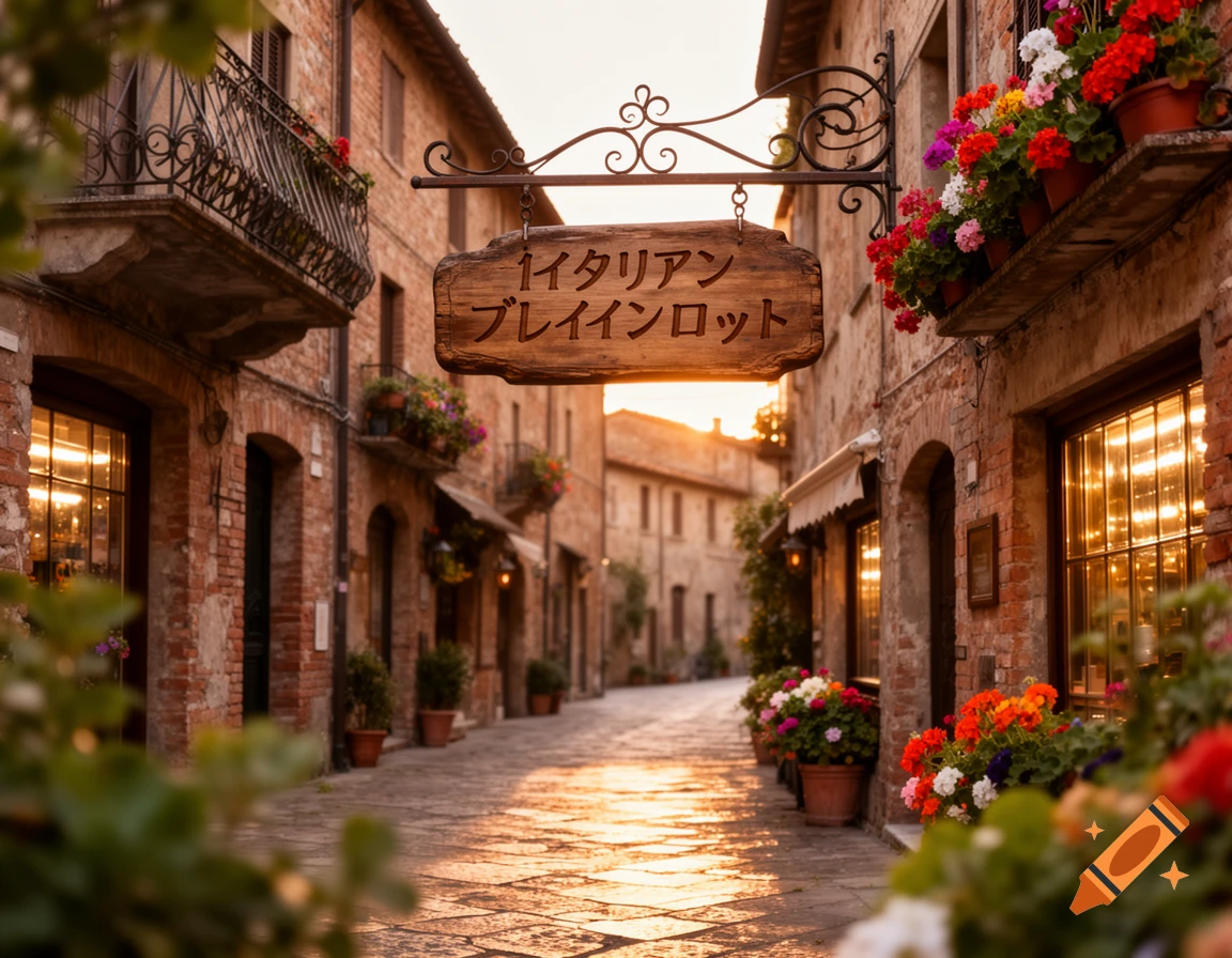 A narrow, sunlit cobblestone street in an old Italian town, lined with brick buildings and vibrant potted flowers, with a wooden sign hanging overhead.