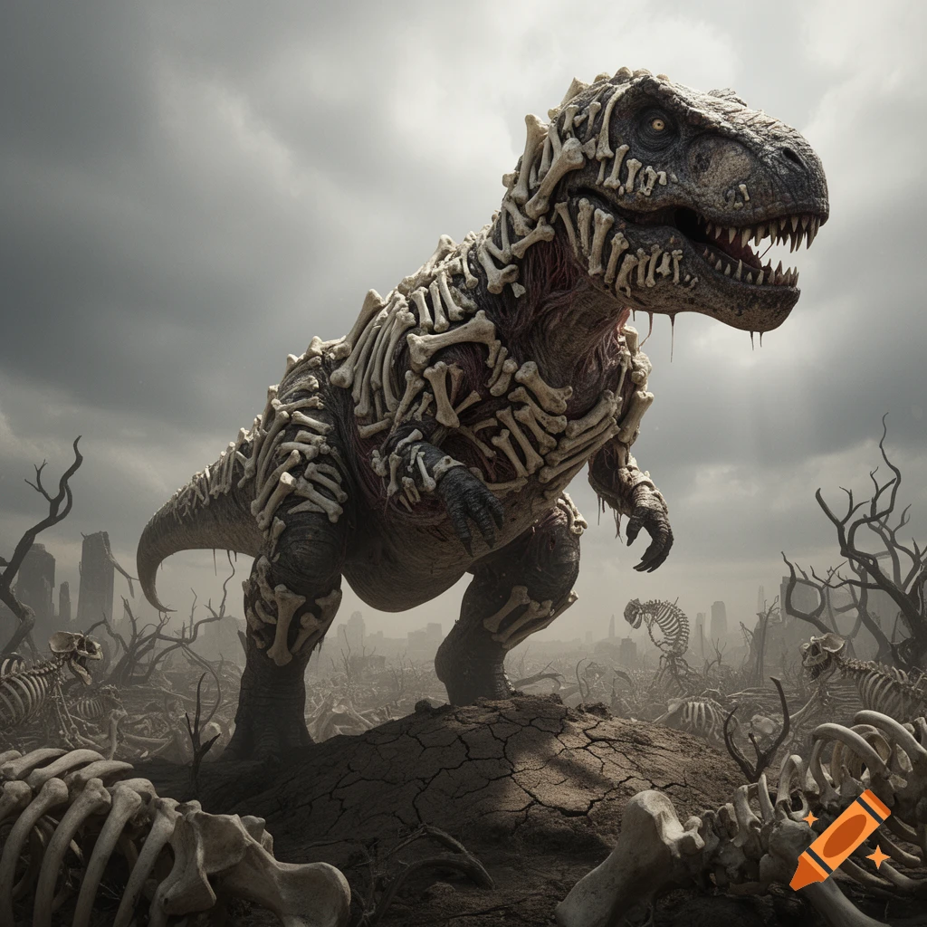 A massive zombie T-rex covered in bone armor stands in a desolate, cracked landscape filled with skeletal remains and dead trees under a cloudy sky.