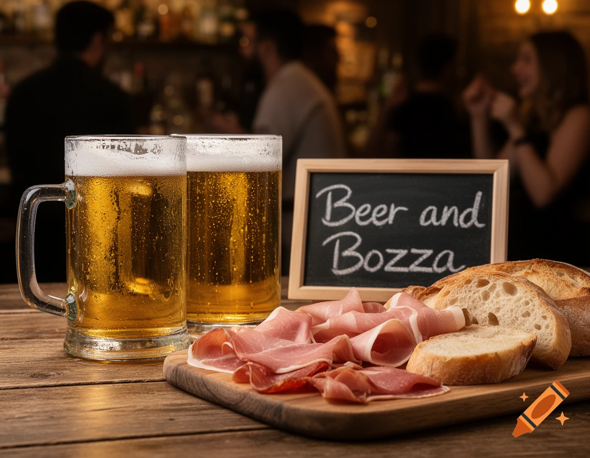 Two frothy beer mugs, a board with prosciutto and sliced bread, and a 'Beer and Bozza' sign on a wooden table in a blurry bar background. Photorealistic.