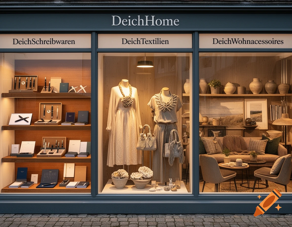 Photorealistic image of a stylish storefront featuring three display windows for stationery, fashion, and home decor.