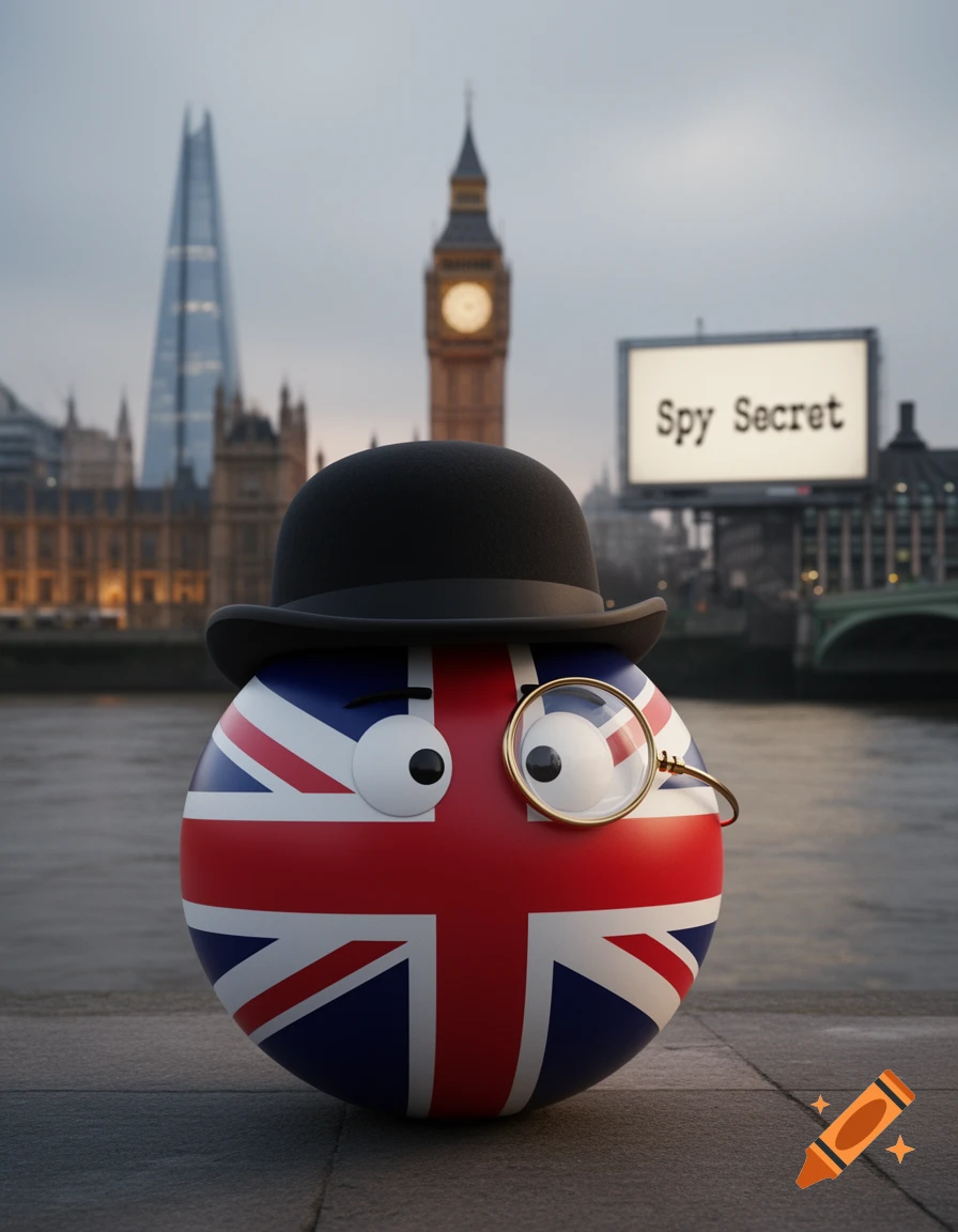 A cartoon UK countryball character with a bowler hat and monocle stands in front of London landmarks, with a sign reading 'Spy Secret'.