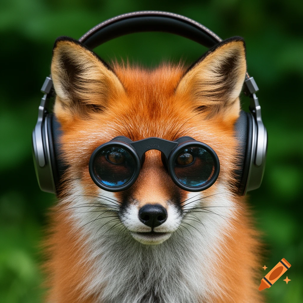 A photorealistic close-up of a fox's head wearing headphones and binoculars.