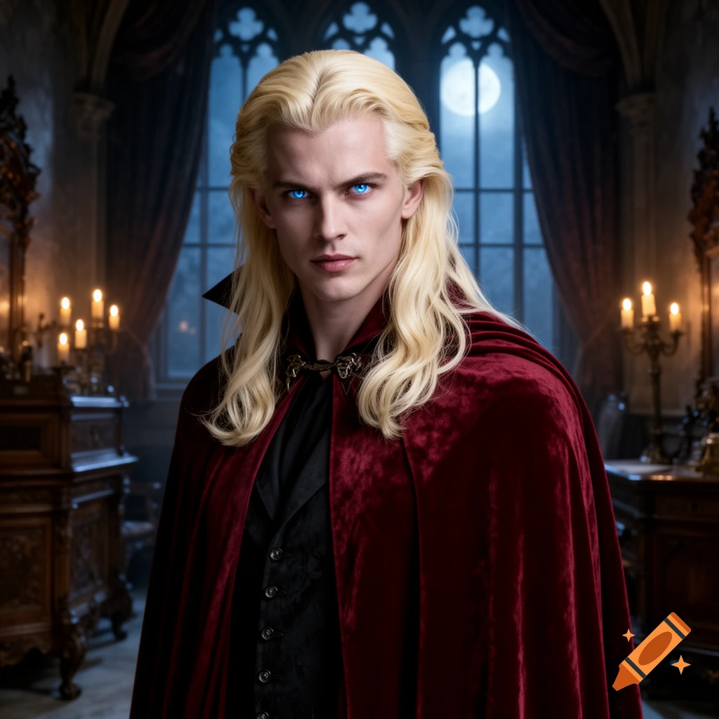 A pale man with long blond hair and glowing blue eyes, wearing a red velvet cape, stands in a dark gothic room under a full moon.