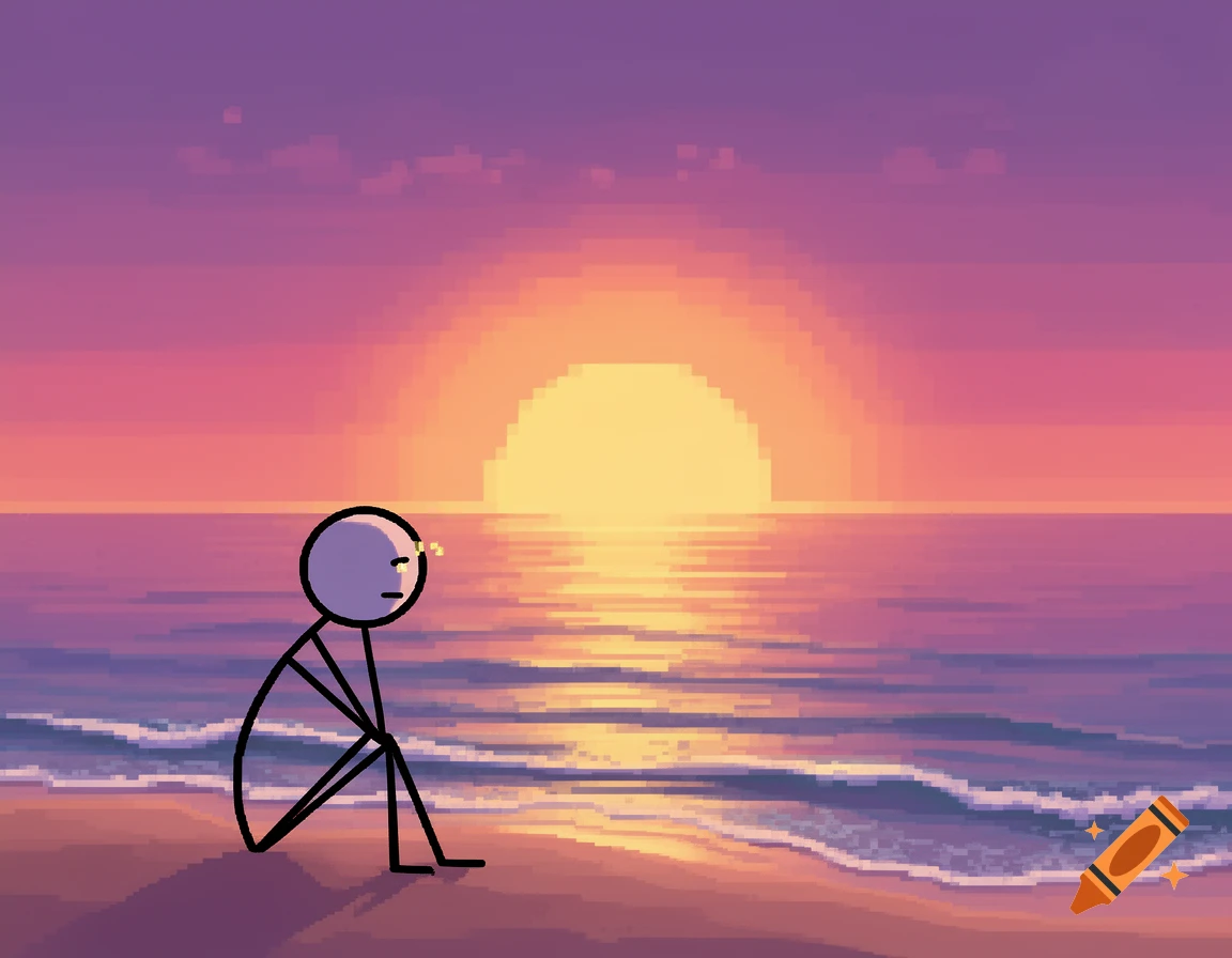 A pixel art stickman sits on a beach, gazing at a vibrant pixelated sunset over the ocean.