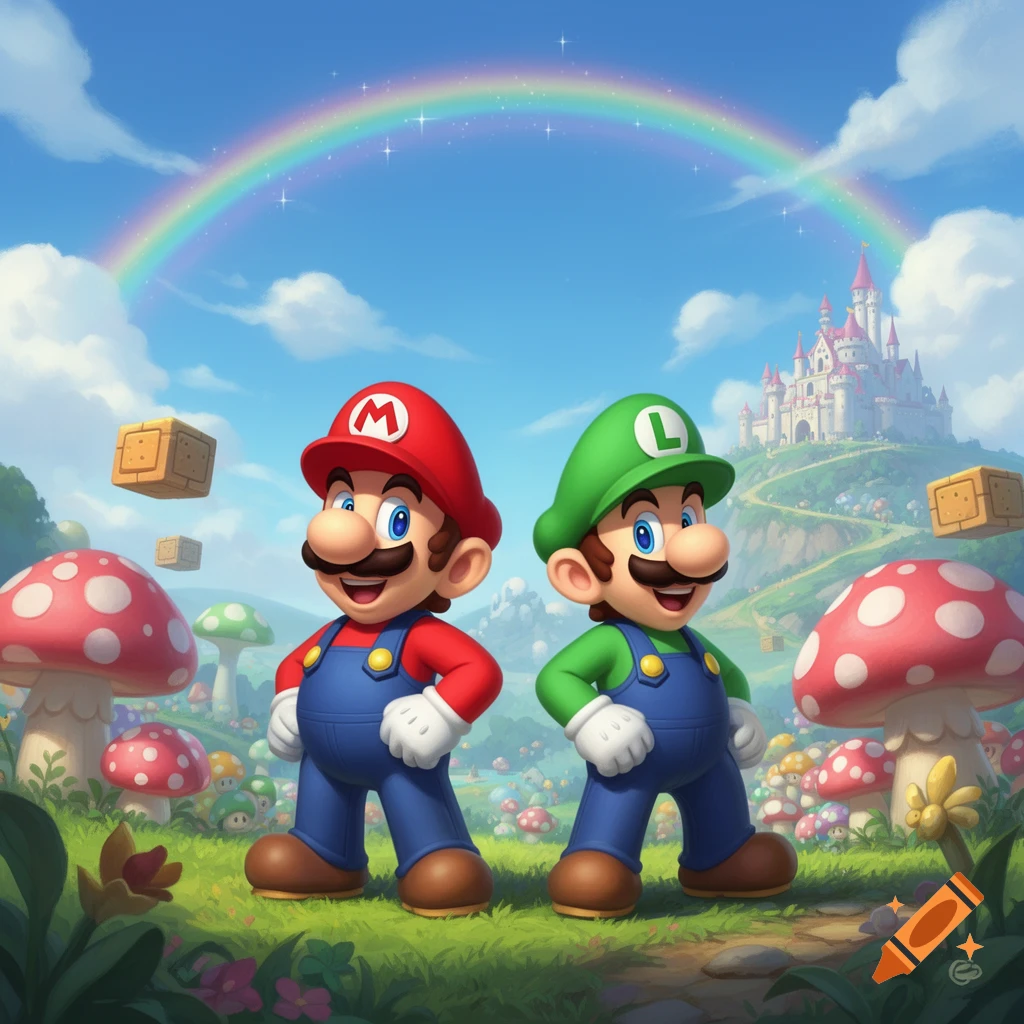 Mario and Luigi stand smiling in a vibrant fantasy landscape with mushrooms, floating blocks, a rainbow, and a castle.