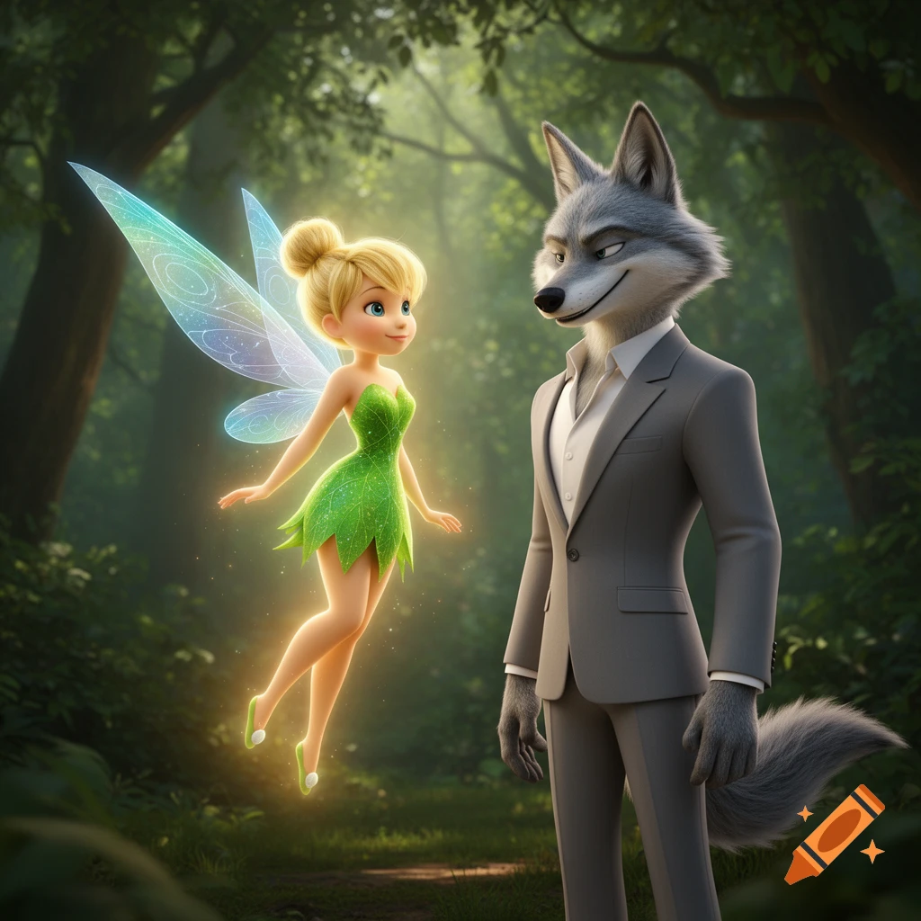 Tinkerbell, a small fairy with glowing wings, floats next to Mr. Wolf from The Bad Guys, who is wearing a suit, in a mystical forest.