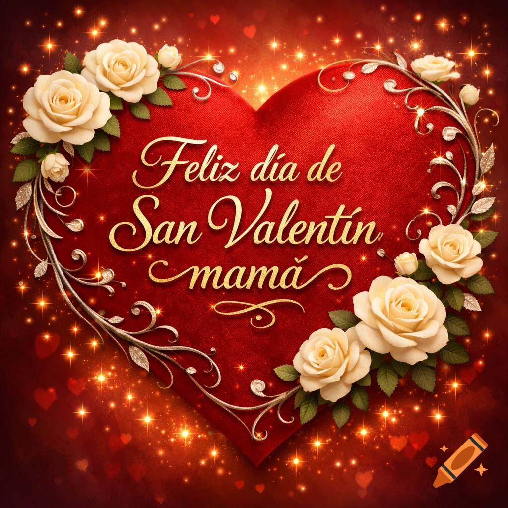 Sparkling red heart adorned with cream roses and silver filigree, with "Feliz día de San Valentín mamá" in golden script.