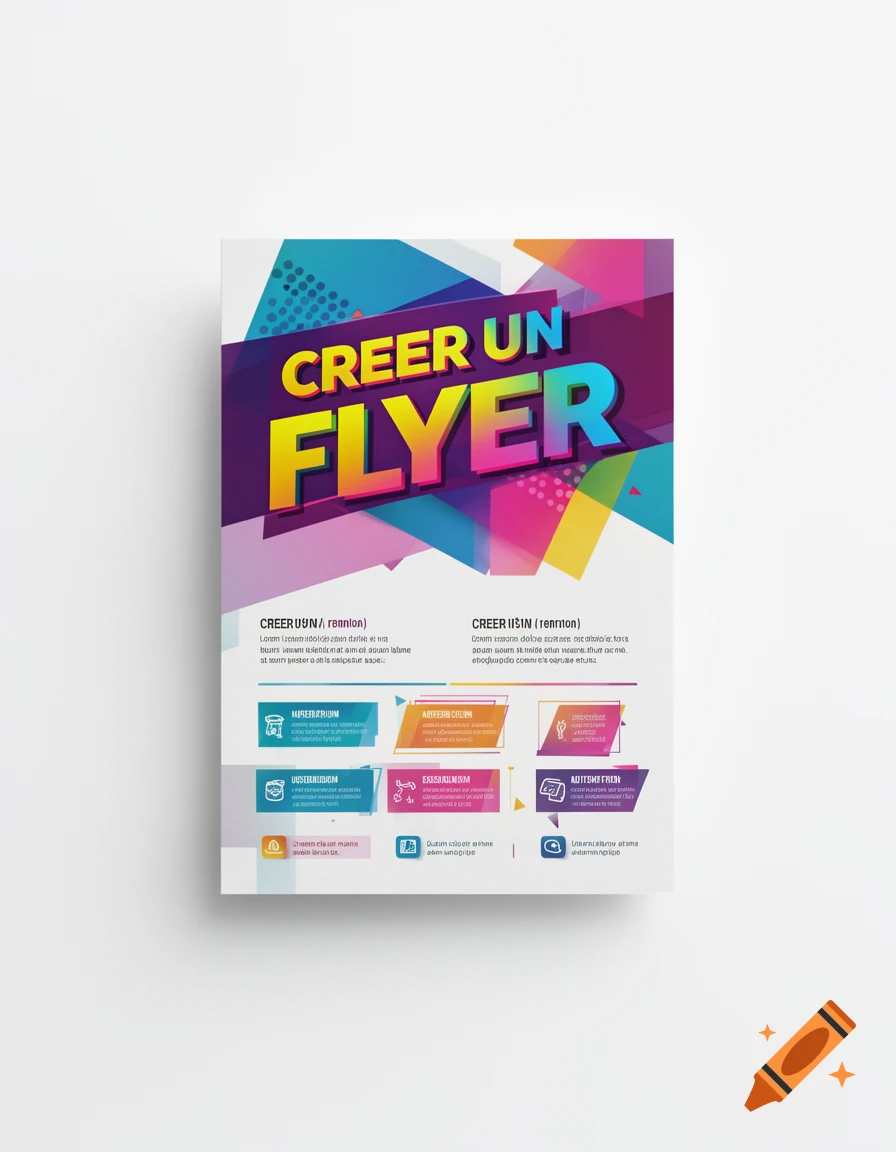 A colorful flyer mock-up on a white background with the bold text 'CREER UN FLYER' and smaller, garbled placeholder text below.