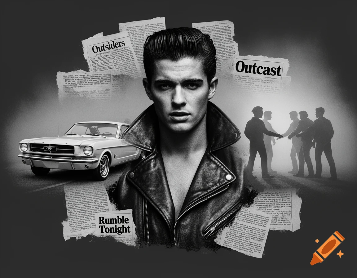 Black and white collage features a brooding young man in a leather jacket, a classic Ford Mustang, shadowy figures, and newspaper clippings with headlines like "Outsiders."