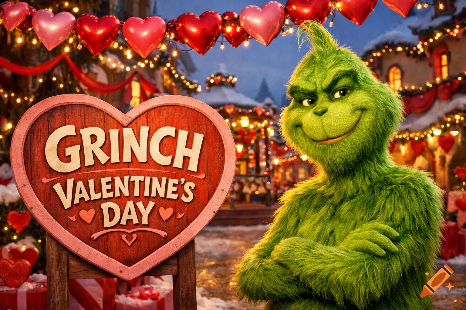 The Grinch smiles next to a heart-shaped sign reading "GRINCH VALENTINE'S DAY" in a festive, snow-covered village with heart balloons.