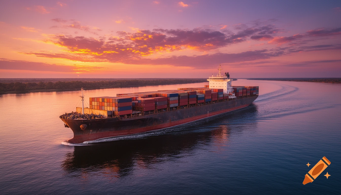 A large container ship sails down a wide river at sunset, with a vibrant orange and purple sky and a distant forested bank.