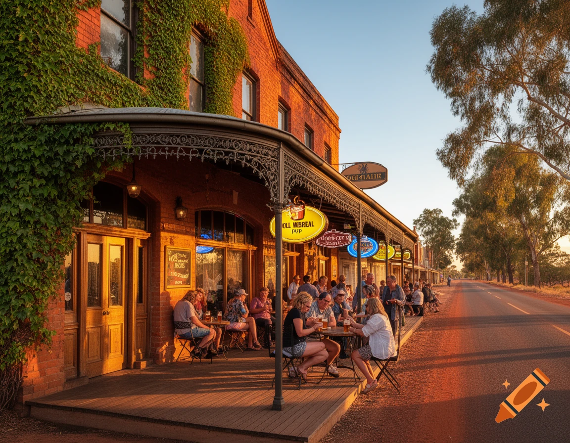 Photorealistic image of people sitting at outdoor tables in front of a brick pub with an ornate veranda, along a dusty road at sunset.