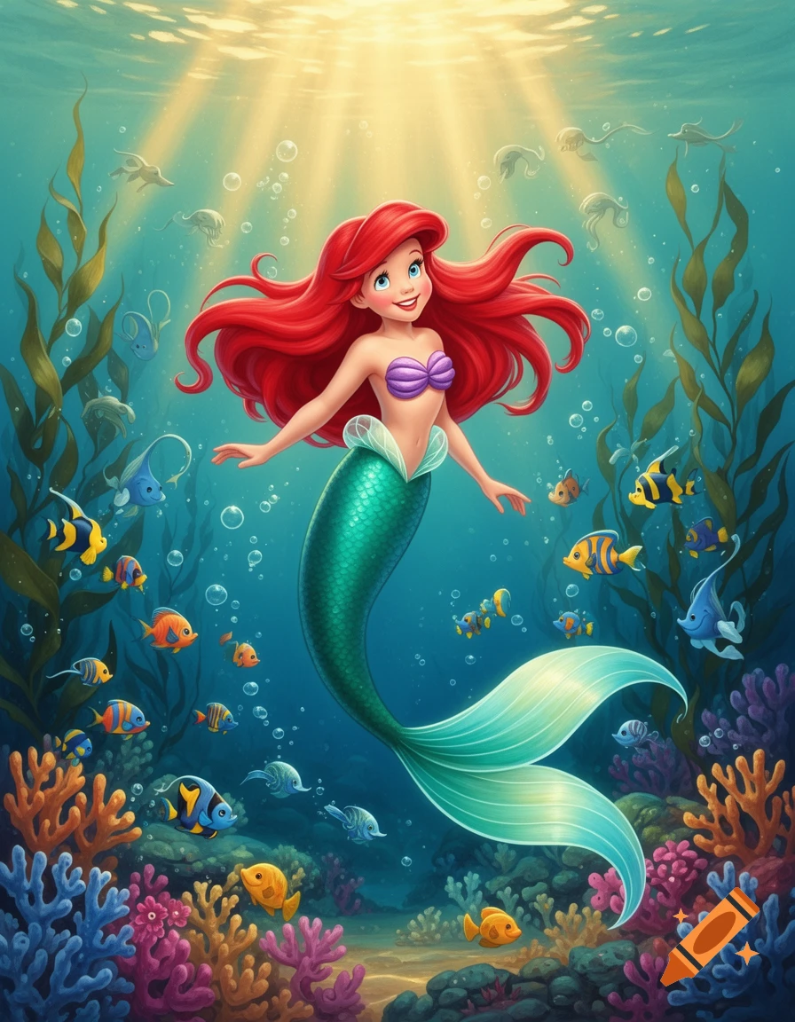 A vibrant cartoon mermaid with long red hair and a green tail smiles underwater, surrounded by colorful fish and coral, with light rays from above.