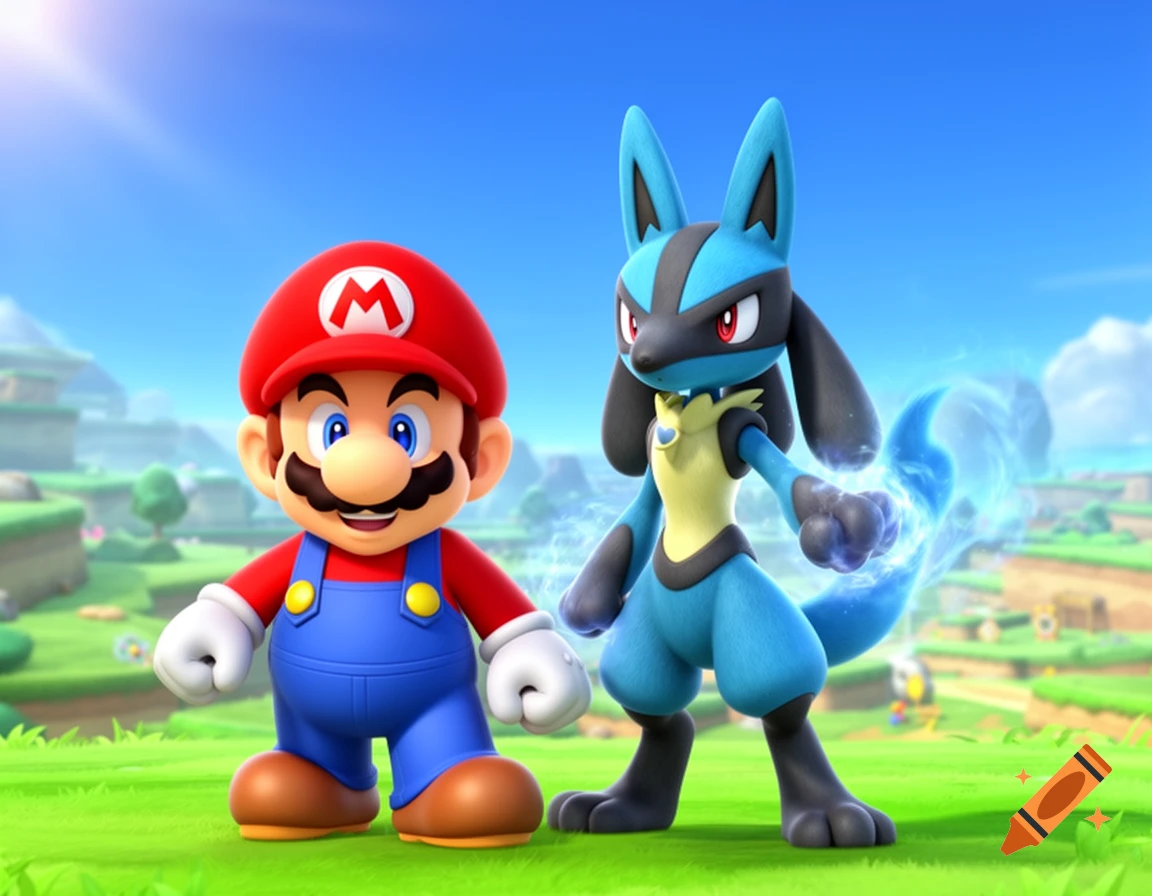 Mario and Lucario from Pokemon stand in a vibrant green landscape with hills and a blue sky.