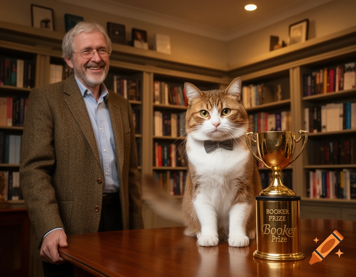 A smiling man stands next to a domestic cat wearing a bow tie, proudly posing with a gold Booker Prize trophy on a wooden table in a library.