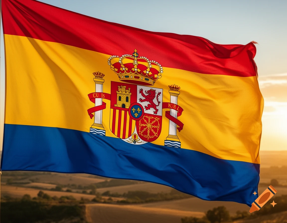 The flag of Spain waving against a sunset sky with a rolling landscape in the background, featuring the Spanish coat of arms.