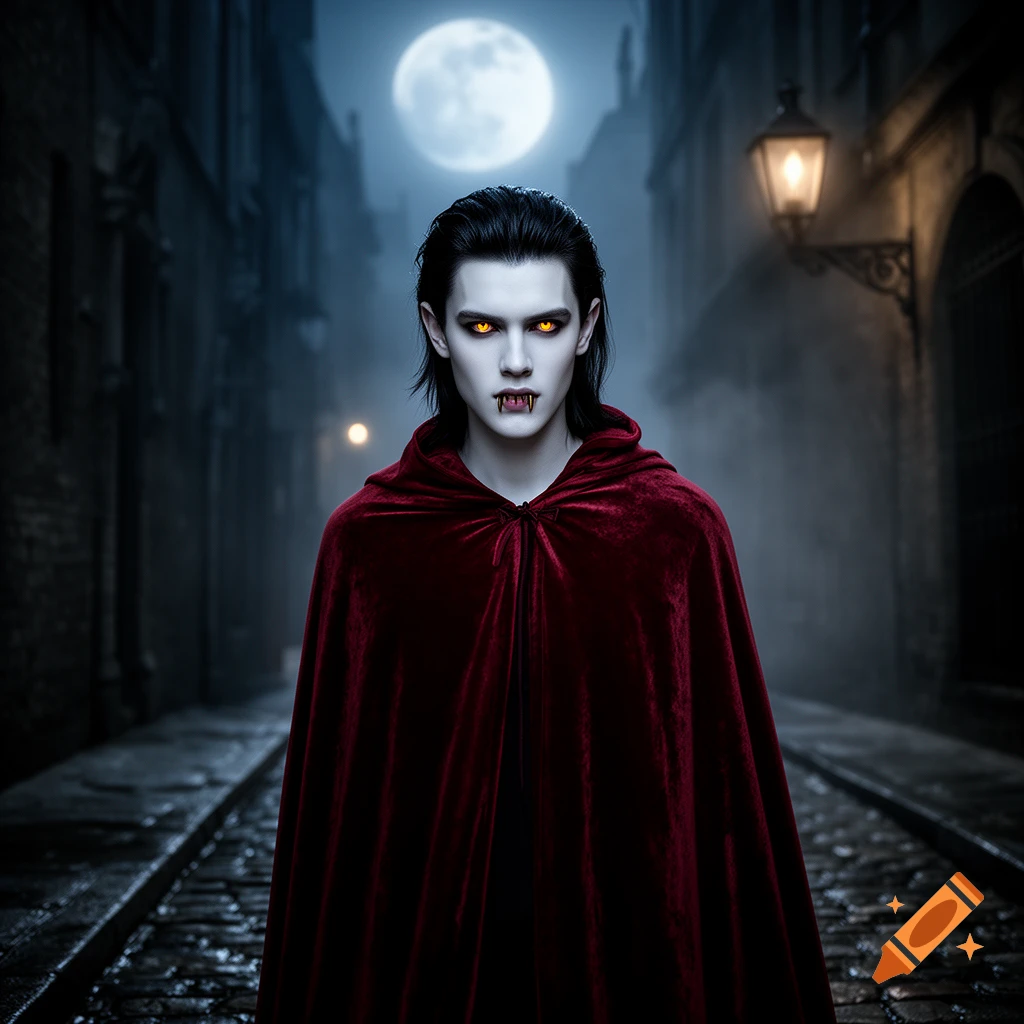 Pale-faced vampire with glowing yellow eyes and fangs in a red cloak stands in a foggy, cobbled alley under a full moon.