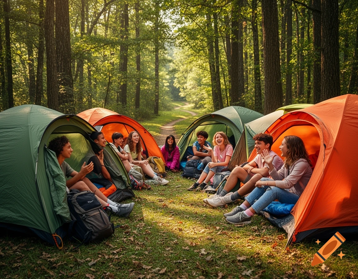A group of happy teenagers sitting in and around several colorful tents at a sunny forest campsite, talking and laughing.