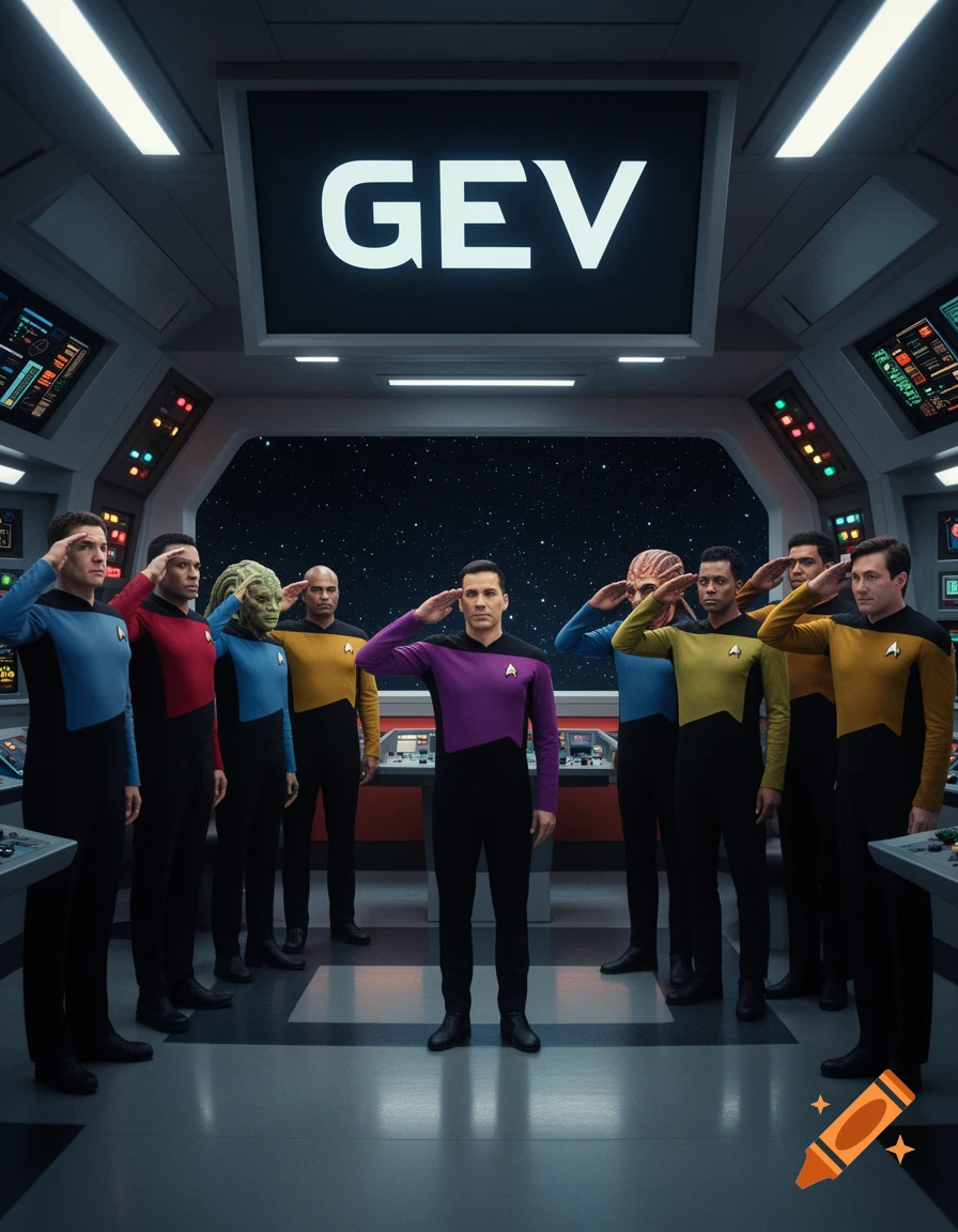 A diverse Star Trek crew, including an alien, stands in formation on a spaceship bridge, saluting towards a screen displaying 'GEV'.