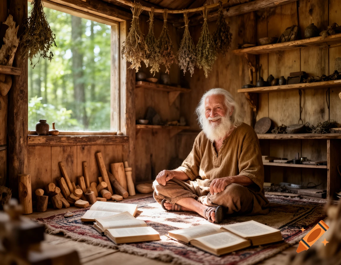 A happy, white-bearded man sits on a rug in a rustic wooden hut with open books, sunlight streaming from a window.