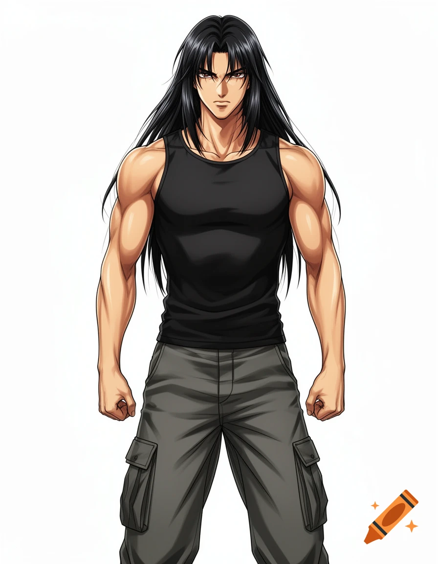 Muscular anime man with long black hair, black tank top, and cargo pants on a white background.